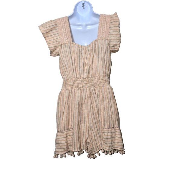 American Eagle Romper S Stripes Smocked Boho Comfort Woven Peasant Pockets Tan - Picture 2 of 16
